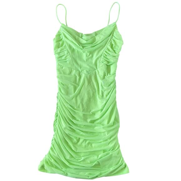 Hello Molly Dresses & Skirts - Hello Molly Sheath Mini Dress Mesh Neon Green Ruched Cowl Neck